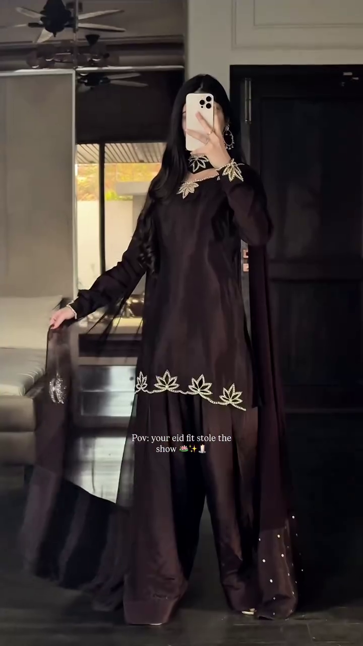 Chocolate Brown Satin Suit with Gold Leaf Embroidery