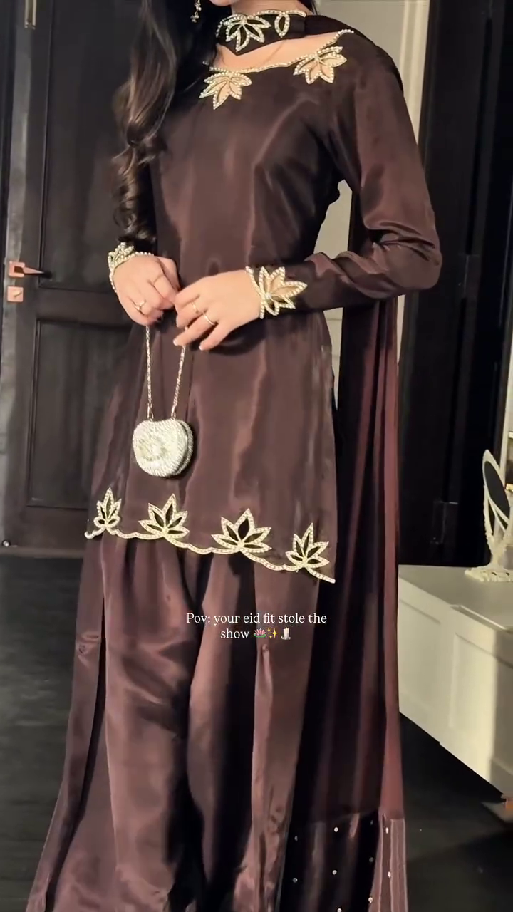 Chocolate Brown Satin Suit with Gold Leaf Embroidery