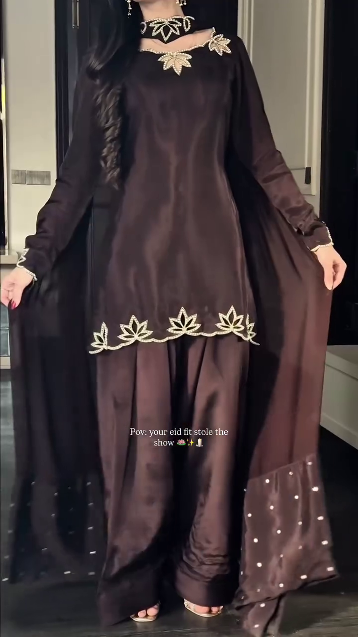 Chocolate Brown Satin Suit with Gold Leaf Embroidery
