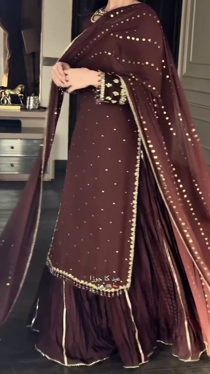 Luxurious Chocolate Brown Embellished Anarkali Style Suit with Dupatta