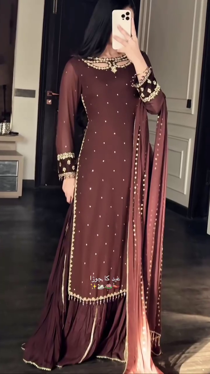 Luxurious Chocolate Brown Embellished Anarkali Style Suit with Dupatta