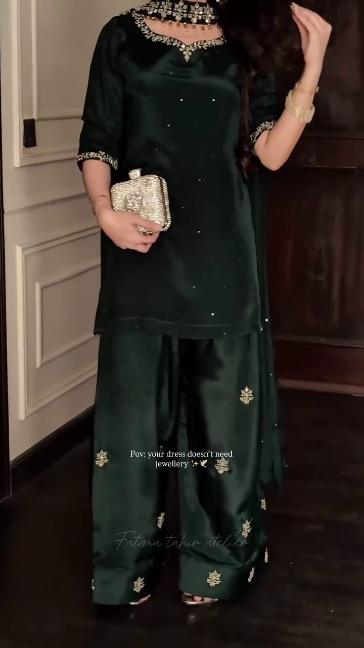 Classic Emerald Green Kurta and Palazzo Set with Minimal Embroidery