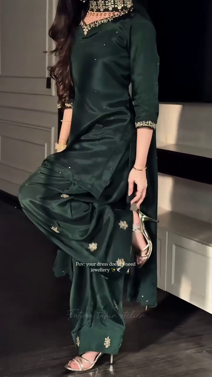 Classic Emerald Green Kurta and Palazzo Set with Minimal Embroidery