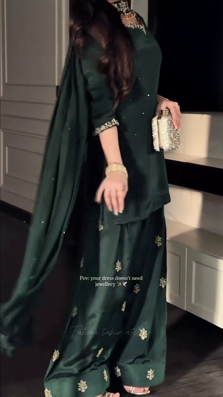 Classic Emerald Green Kurta and Palazzo Set with Minimal Embroidery