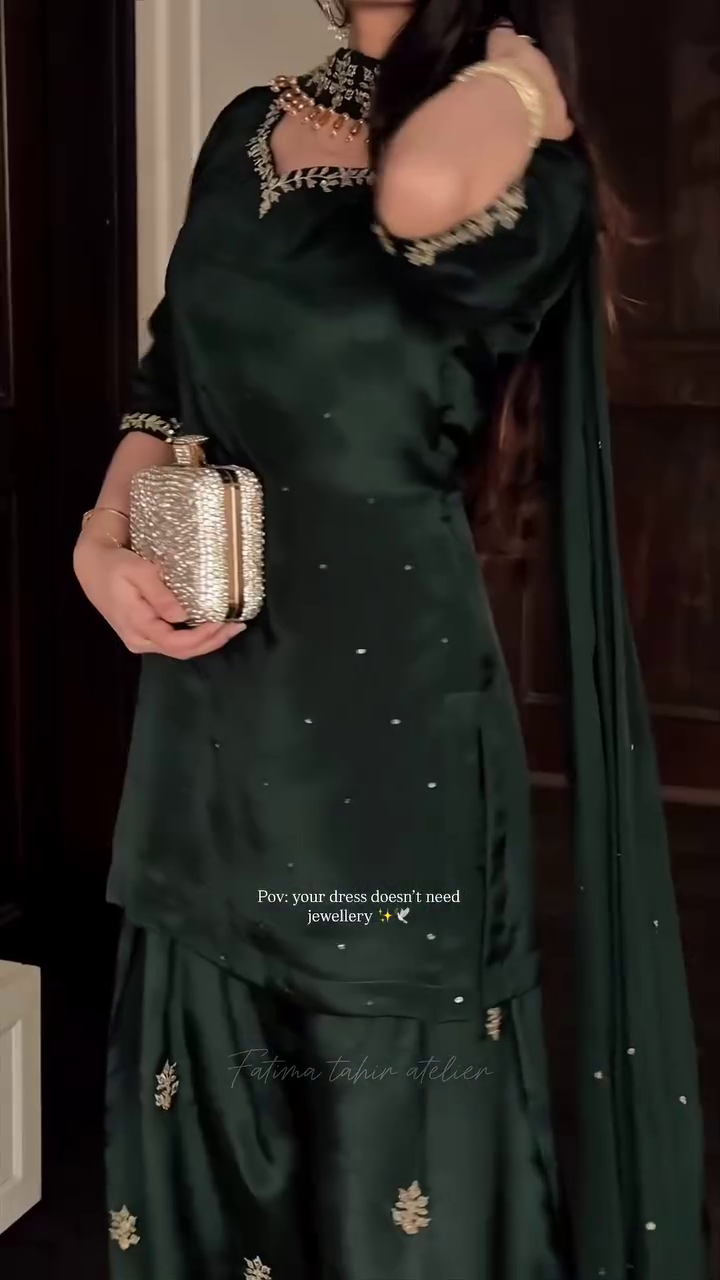 Classic Emerald Green Kurta and Palazzo Set with Minimal Embroidery