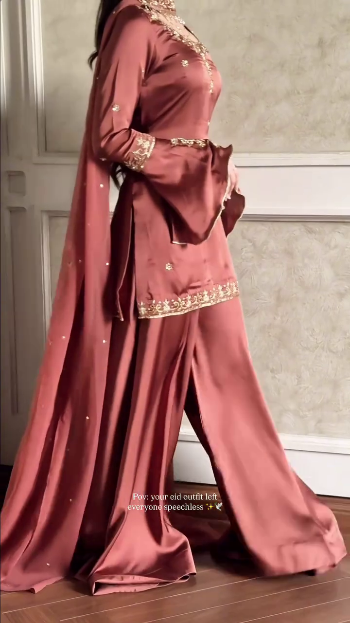 Elegant Rose Gold Embroidered Kurta Set with Flared Sleeves and Dupatta