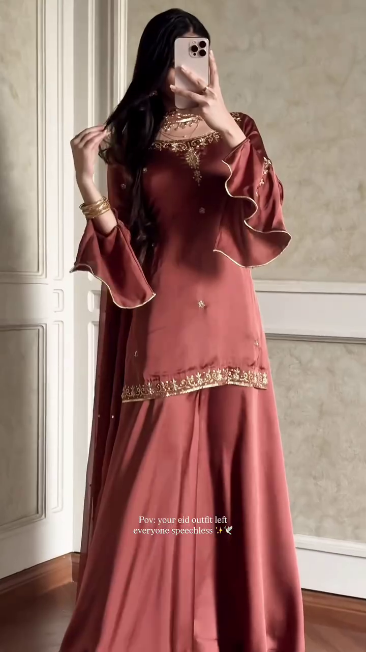 Elegant Rose Gold Embroidered Kurta Set with Flared Sleeves and Dupatta