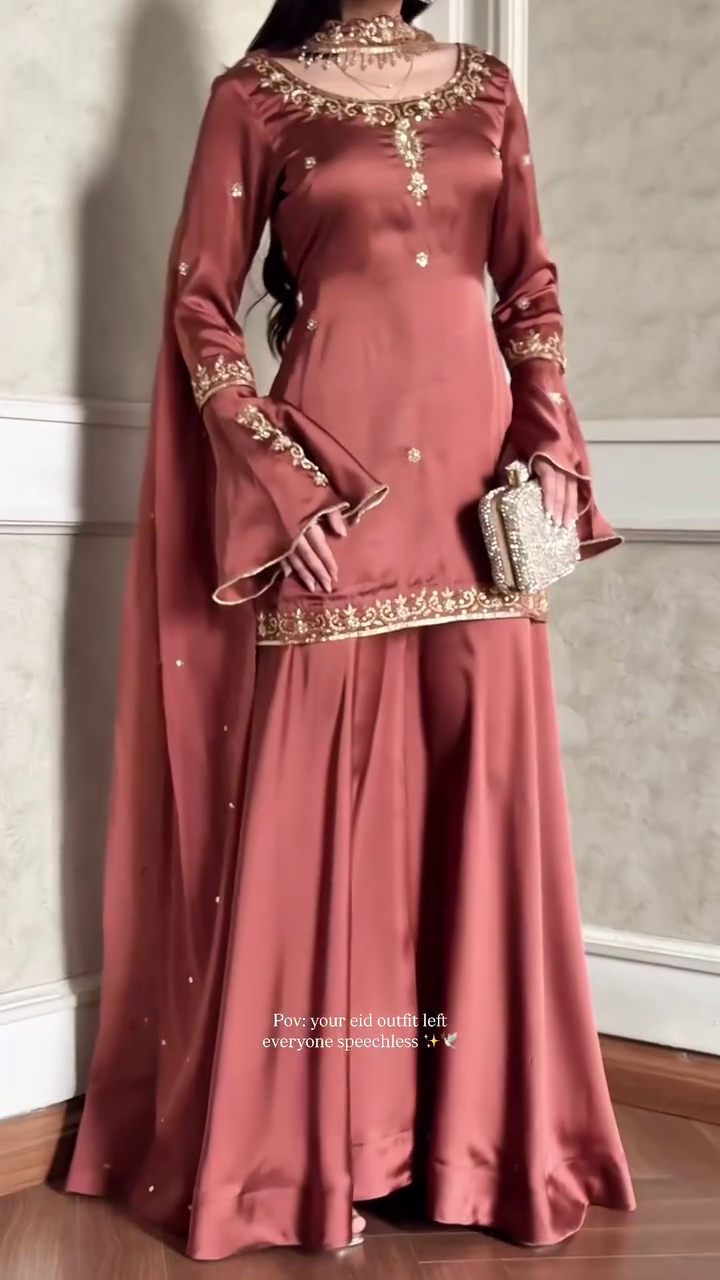 Elegant Rose Gold Embroidered Kurta Set with Flared Sleeves and Dupatta