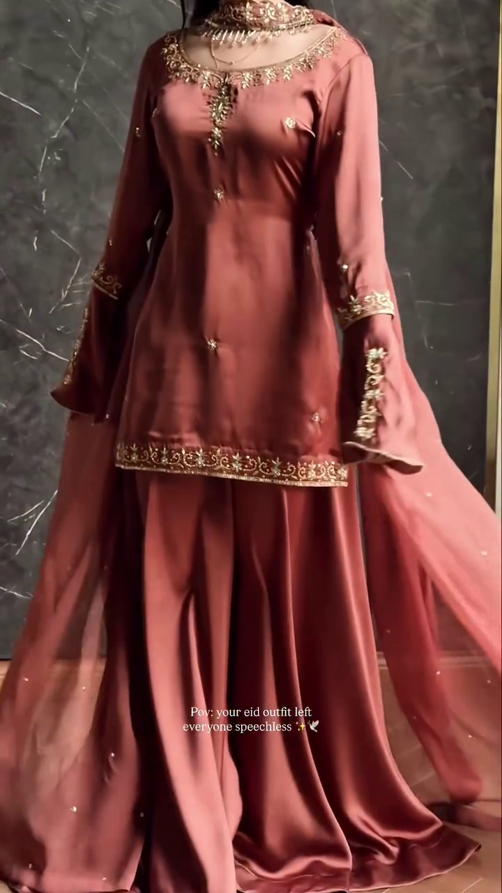 Elegant Rose Gold Embroidered Kurta Set with Flared Sleeves and Dupatta