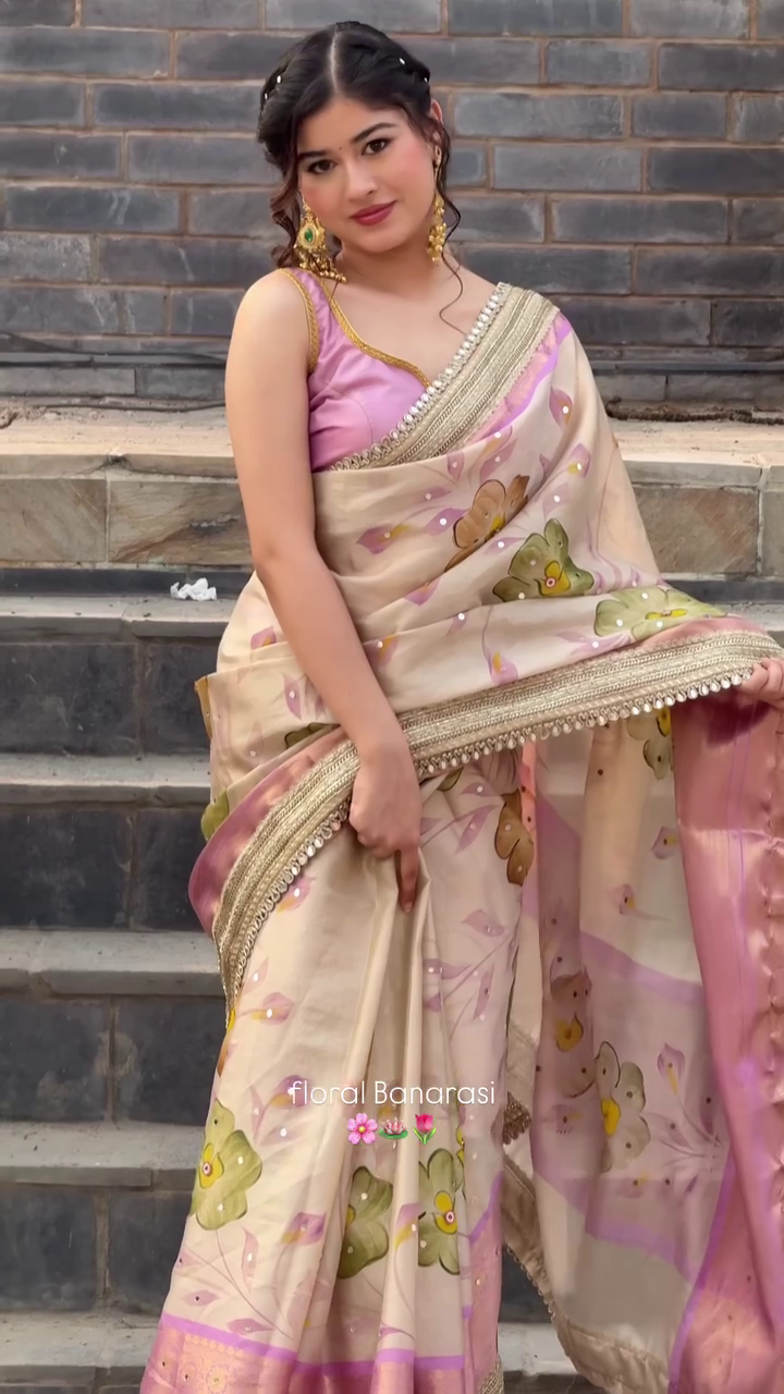 Graceful Floral Banarasi Saree in Soft Pastel Tones