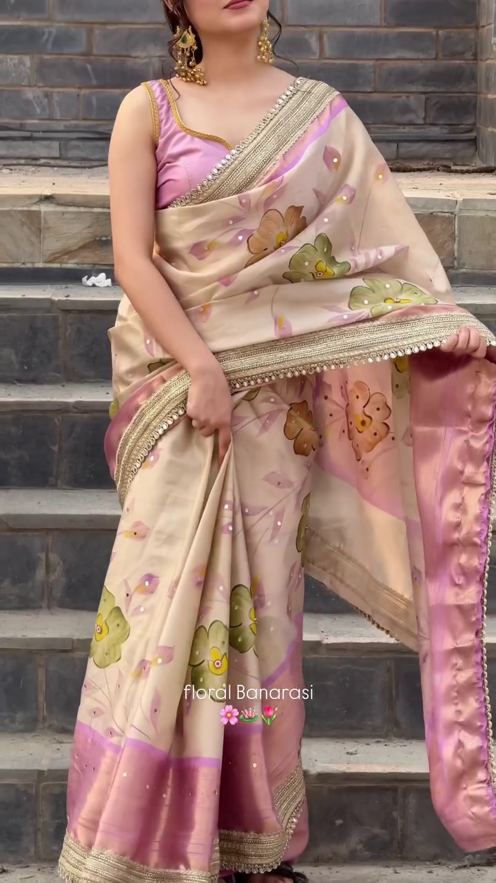Graceful Floral Banarasi Saree in Soft Pastel Tones