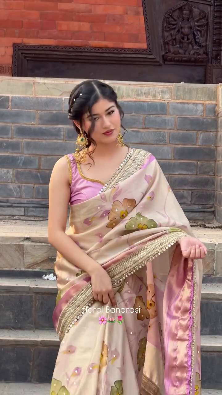 Graceful Floral Banarasi Saree in Soft Pastel Tones