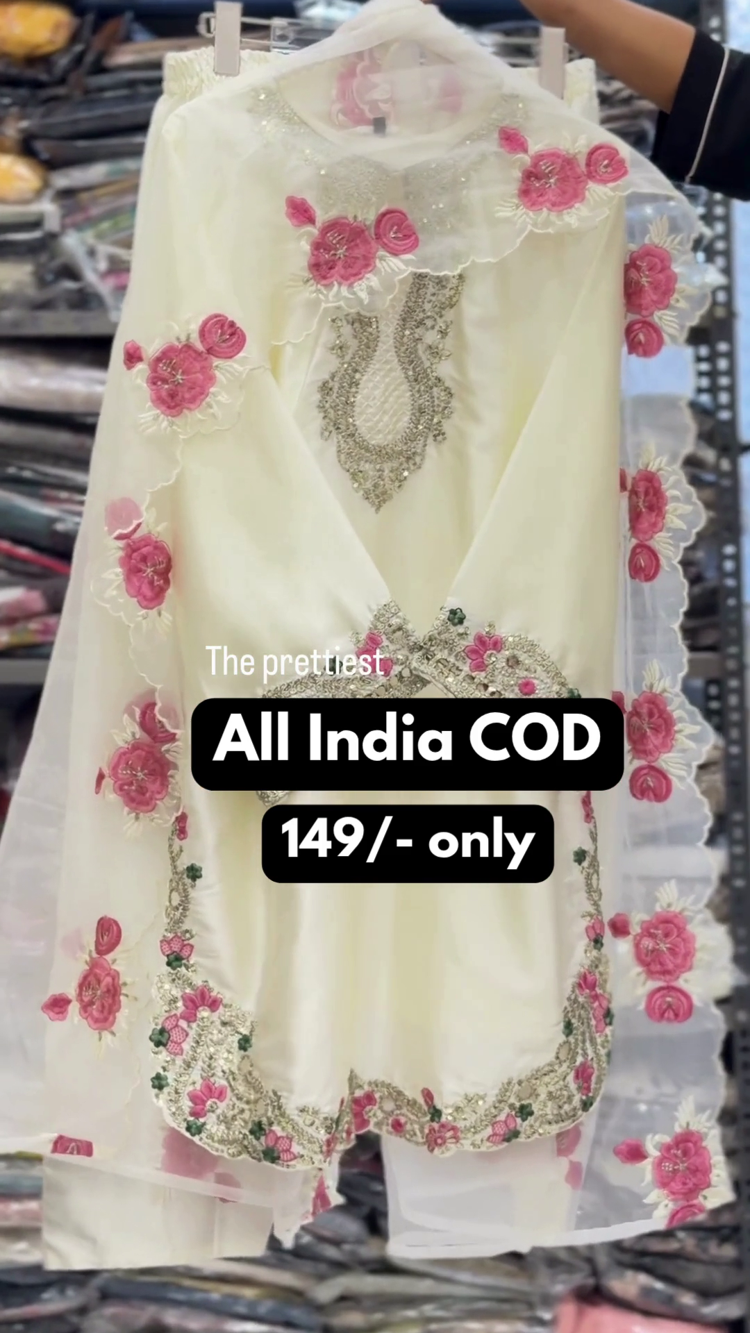 Ivory Suit with Pink Floral Embroidery