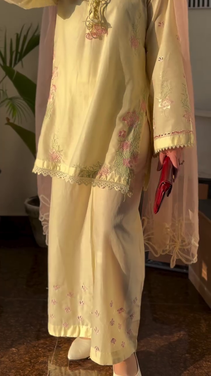 Pastel Yellow Floral Kurta Set with Dupatta
