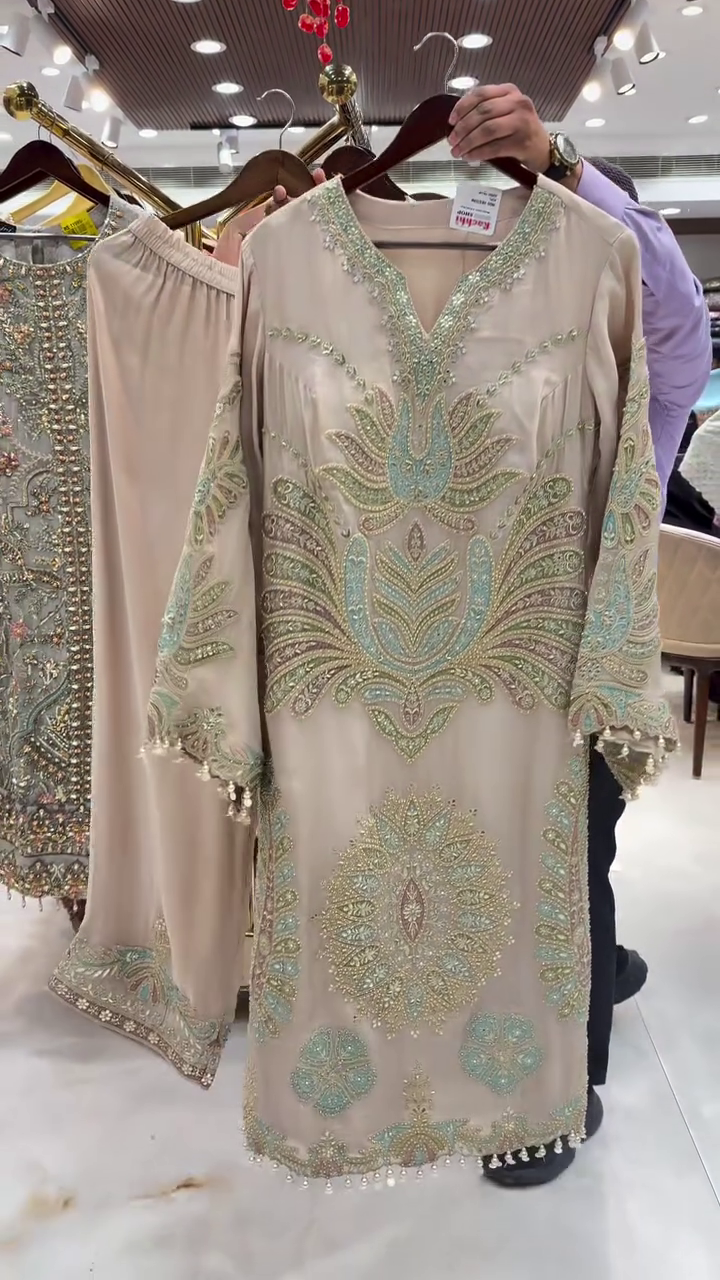 Beige and Mint Statement Embroidered Suit