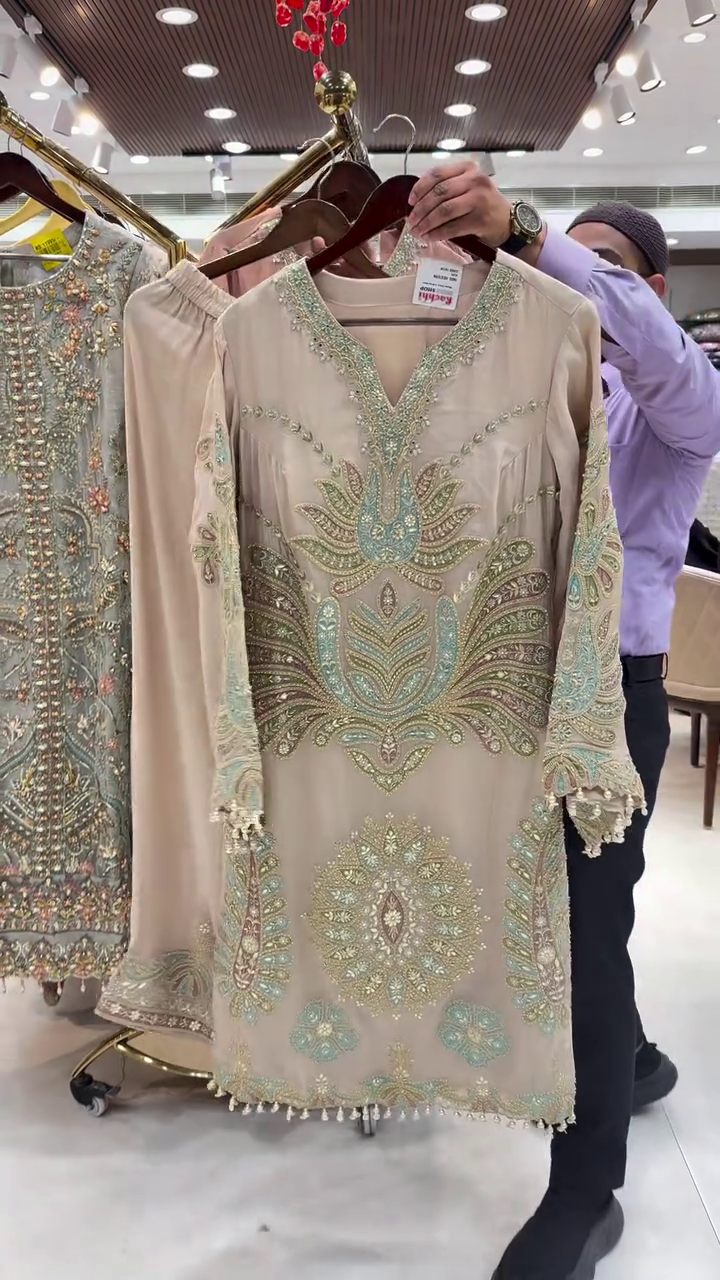 Beige and Mint Statement Embroidered Suit