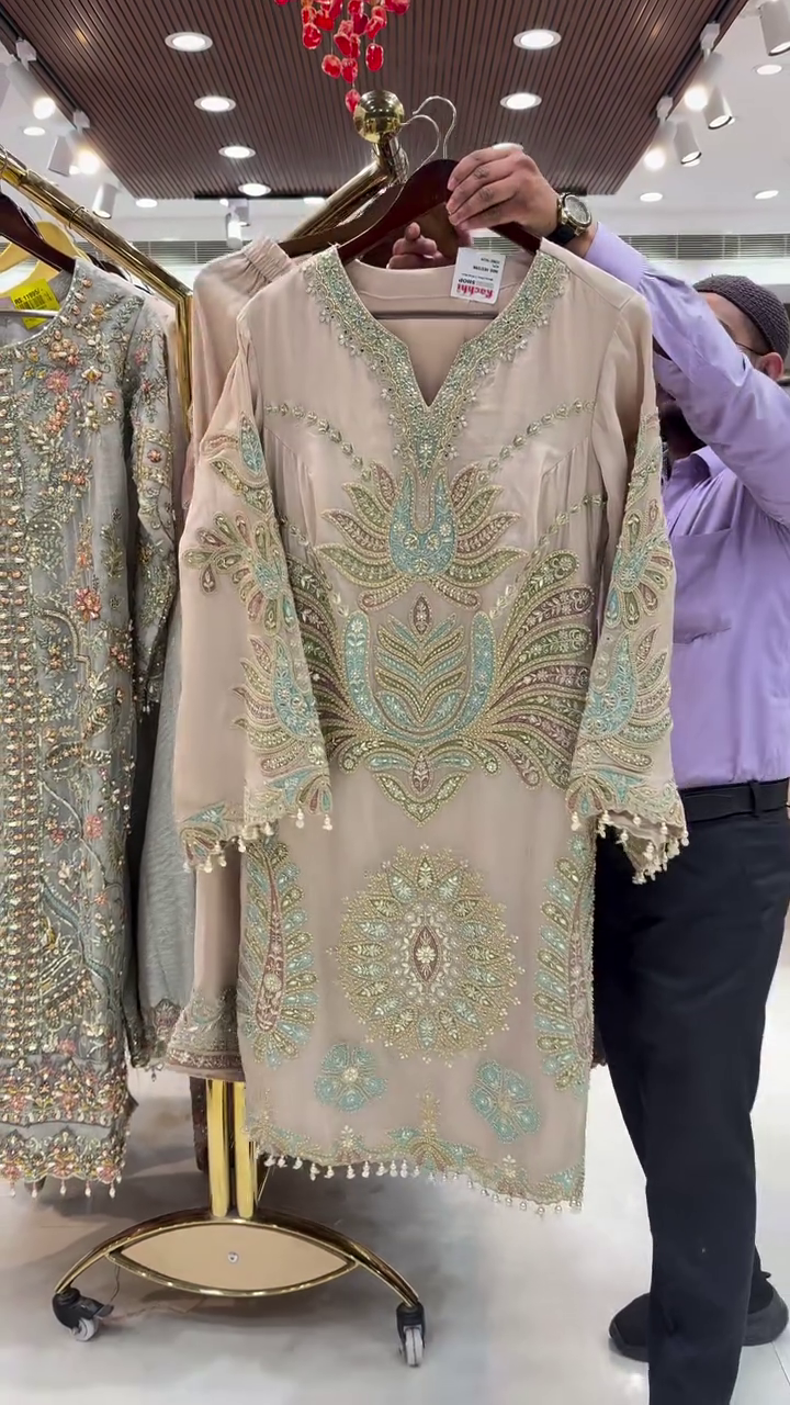 Beige and Mint Statement Embroidered Suit