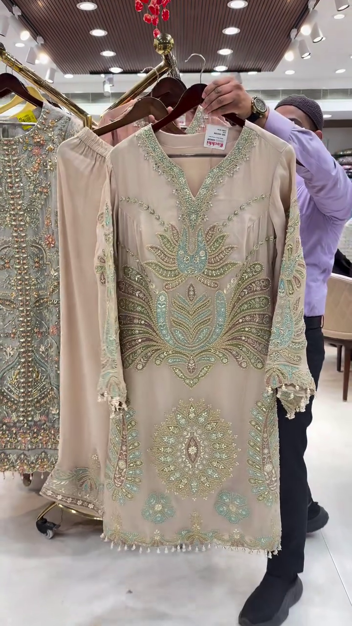 Beige and Mint Statement Embroidered Suit